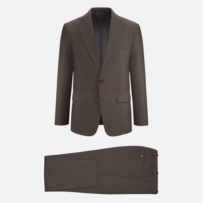 Dark brown men’s suit made from Super 110s Italian wool, includes two-button jacket with notch lapel and flat-front trousers, ideal for weddings or business, available in standard and custom sizes.
