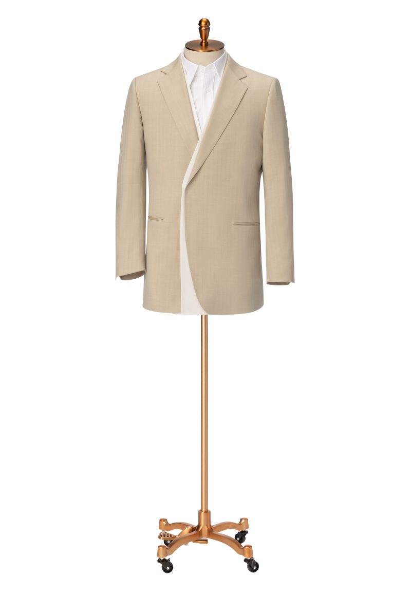 Crafted from 100% wool, this two-piece suit redefines business attire with a modern twist. The jacket features a double placket collar with a removable concept and an oblique placket design that enhances the silhouette with a fluid, cohesive shape. The subtle color block effect between white and khaki adds a refined softness, balancing contemporary style with traditional tailoring. Paired with matching trousers, this suit delivers a polished look for professional meetings, semi-formal events, or upscale soc