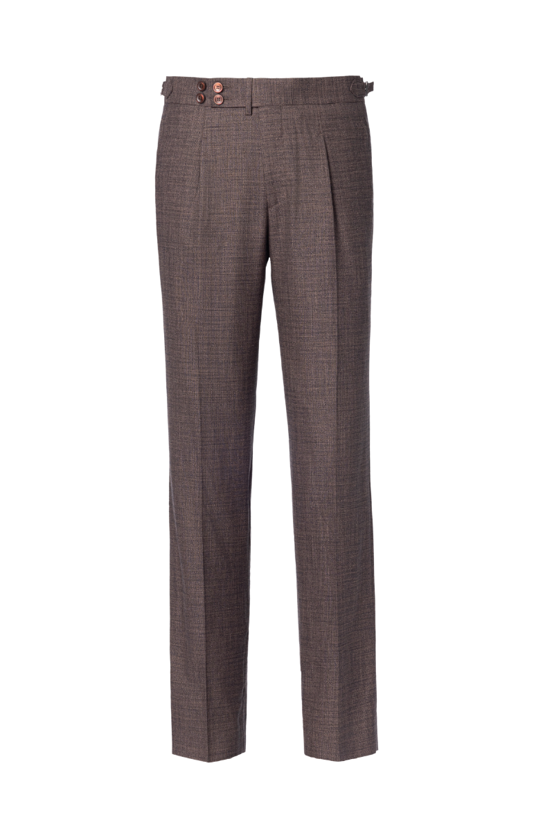 Men's brown textured dress pants featuring a pleated front design, side waist adjusters, and an extended button tab closure for a tailored, polished look. Crafted from a luxurious blend of bamboo, wool, silk, and spandex, these trousers offer natural stretch, breathability, and a soft drape, making them ideal for formal business settings, wedding attire, or upscale casual events. Styled to pair seamlessly with blazers, dress shirts, or knitwear, these pants are perfect for the modern gentleman seeking versa