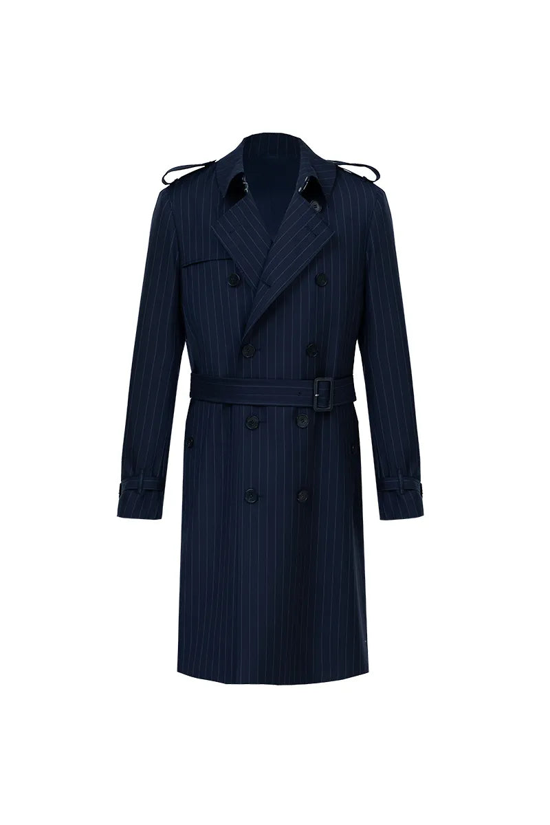Navy Stripe Italian Wool Tailored Overcoat