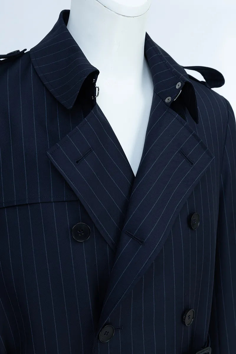 Navy Stripe Italian Wool Tailored Overcoat