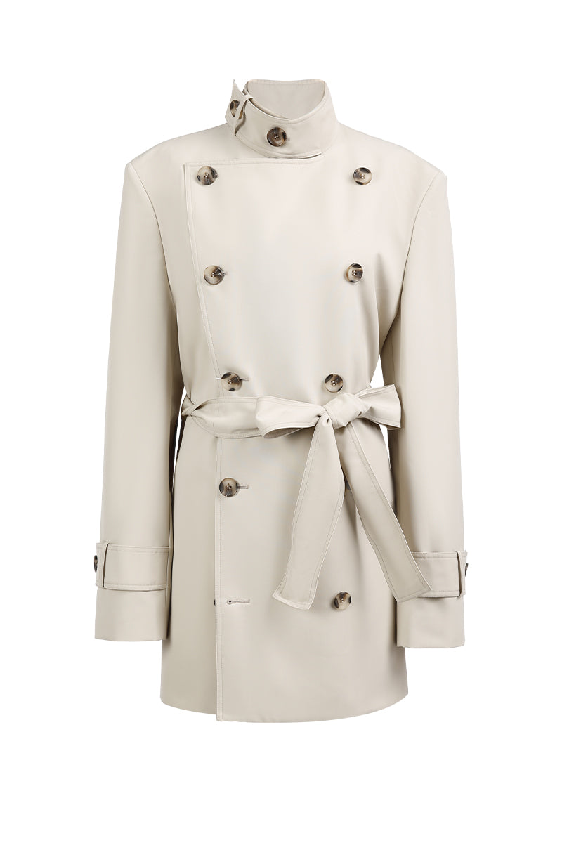 Beige trench coat with a belt on a white background custom made jackets online
