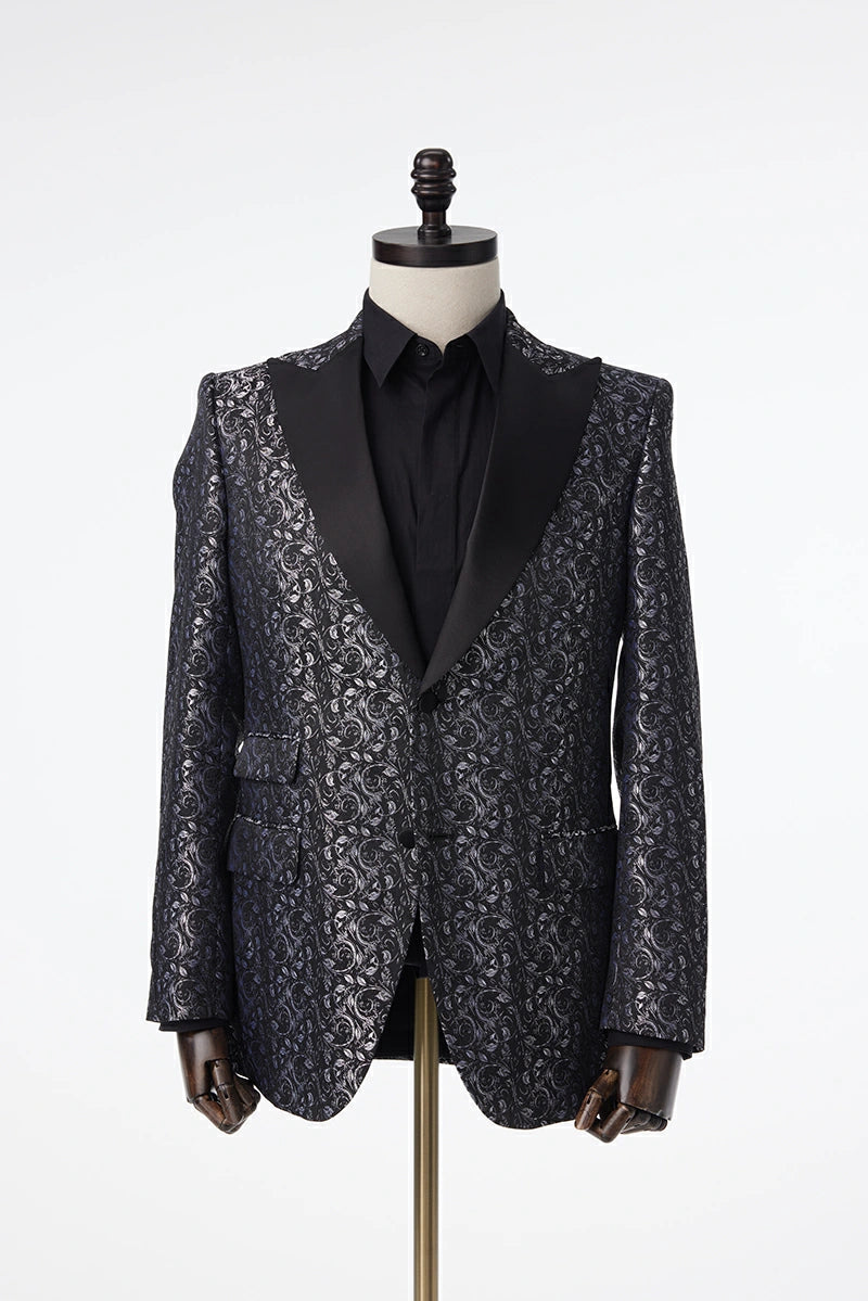 Noir Et Bleu Floral Jacquard Tuxedo Jacket