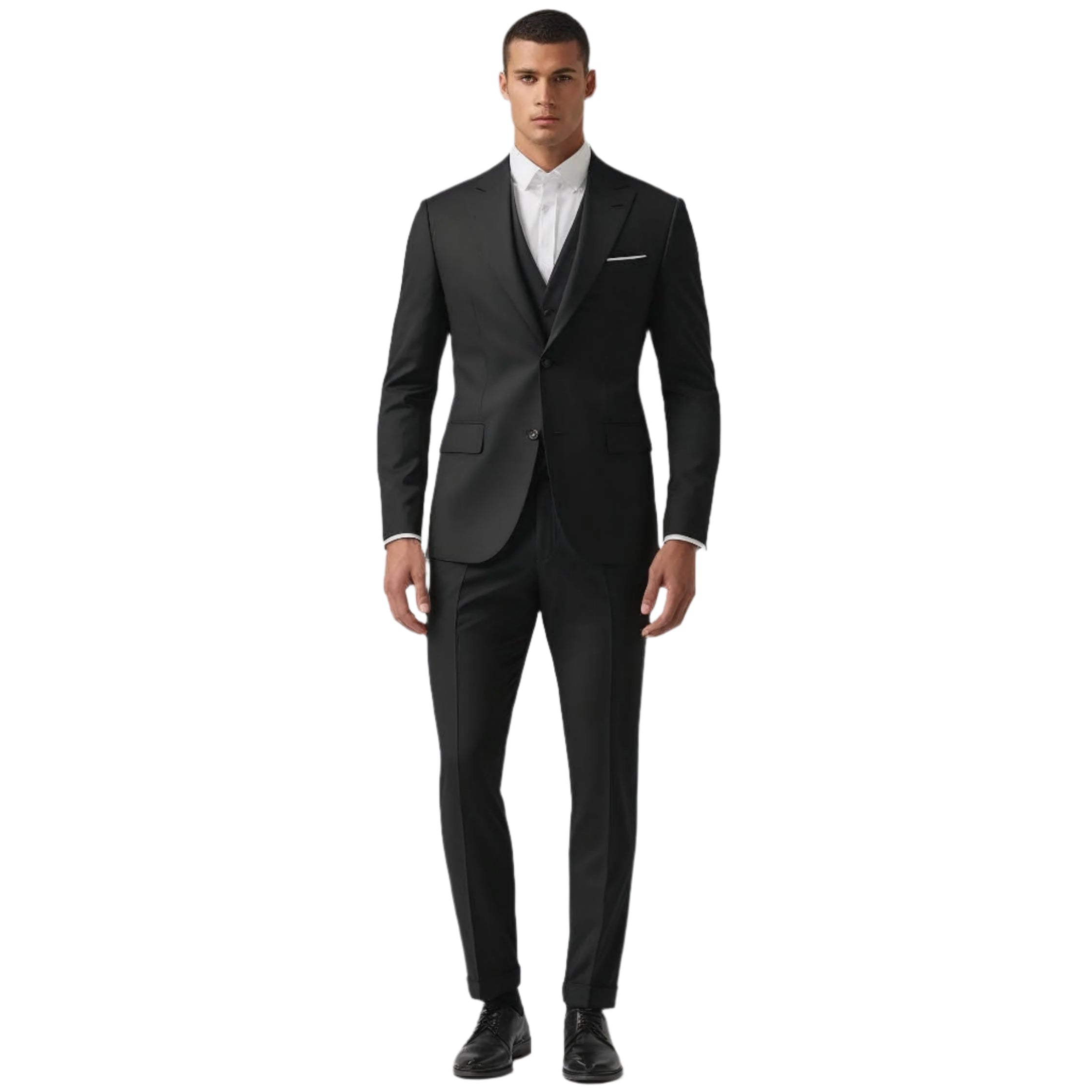 Black 2 piece suit for men with notch lapel jacket matching vest and trousers worn with a white shirt and black tie ideal for formal occasions or business settings made to order in standard or custom sizing available in various fabrics. big and tall classic fit suits