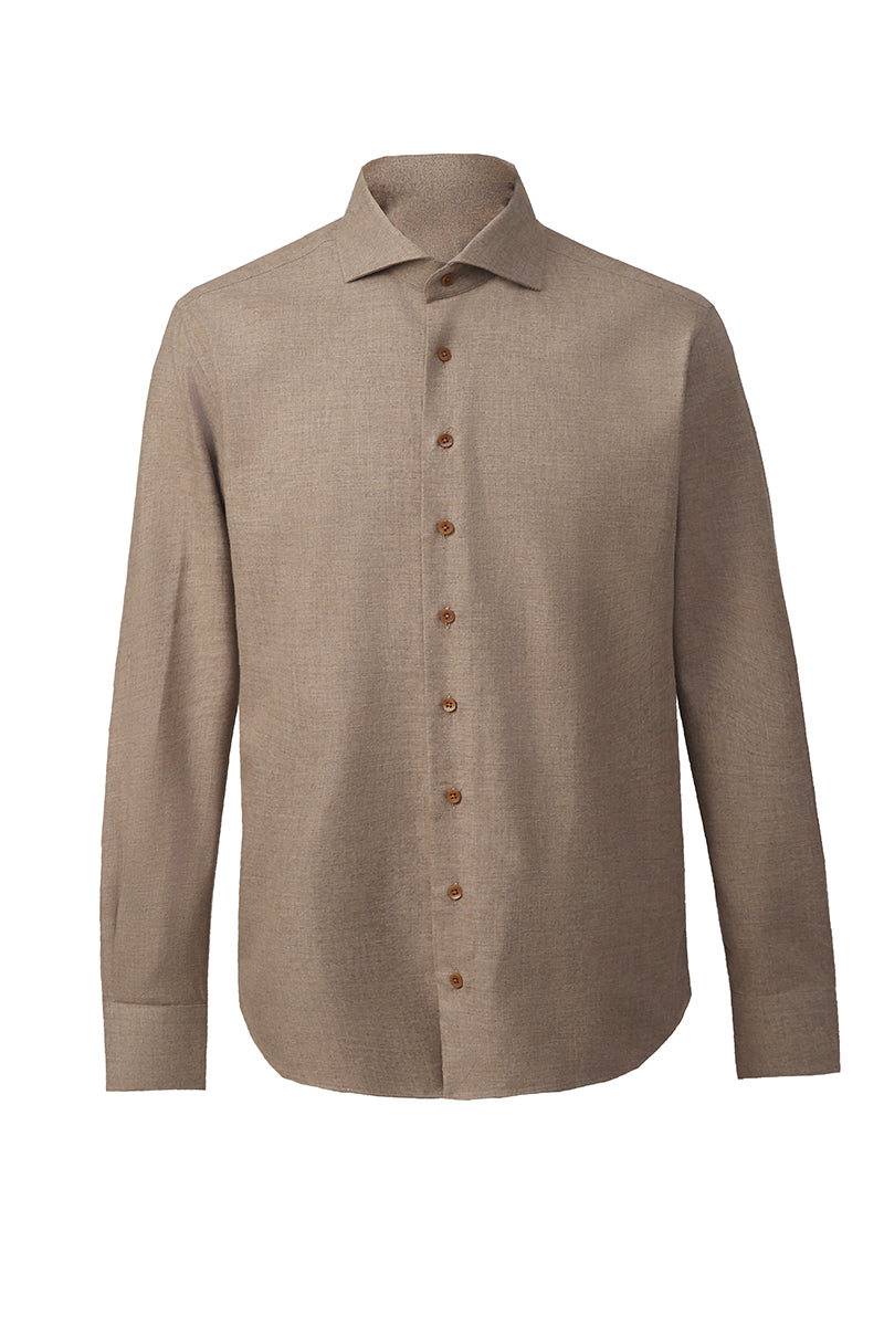 Custom made brown long sleeve shirt for men designed with cotton blend fabric in Jacksonville Florida for business casual travel and workwear style#customshirts #menswear #jacksonvilleflorida #tailoredstyle #travelshirts
