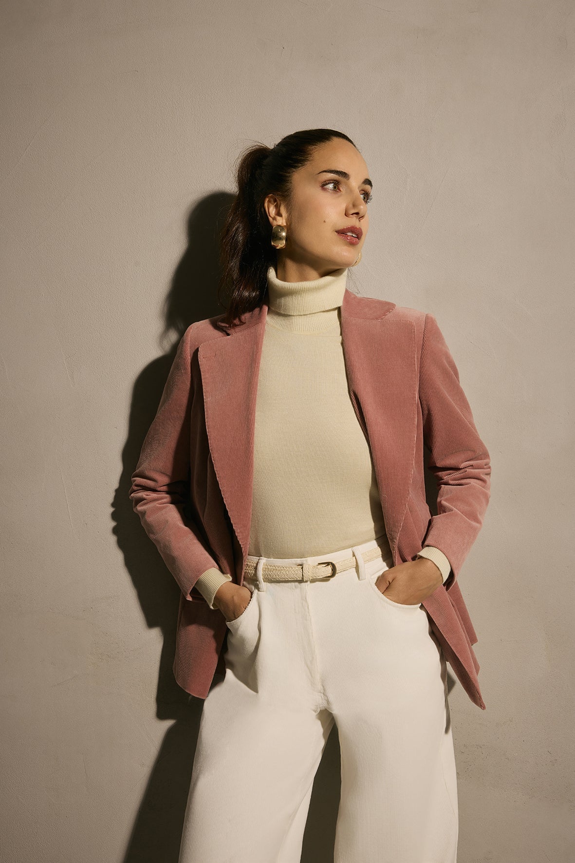 Womens custom blazer in soft pink corduroy tailored by Zane in Jacksonville for modern business professional wardrobe including personalized styling and fit