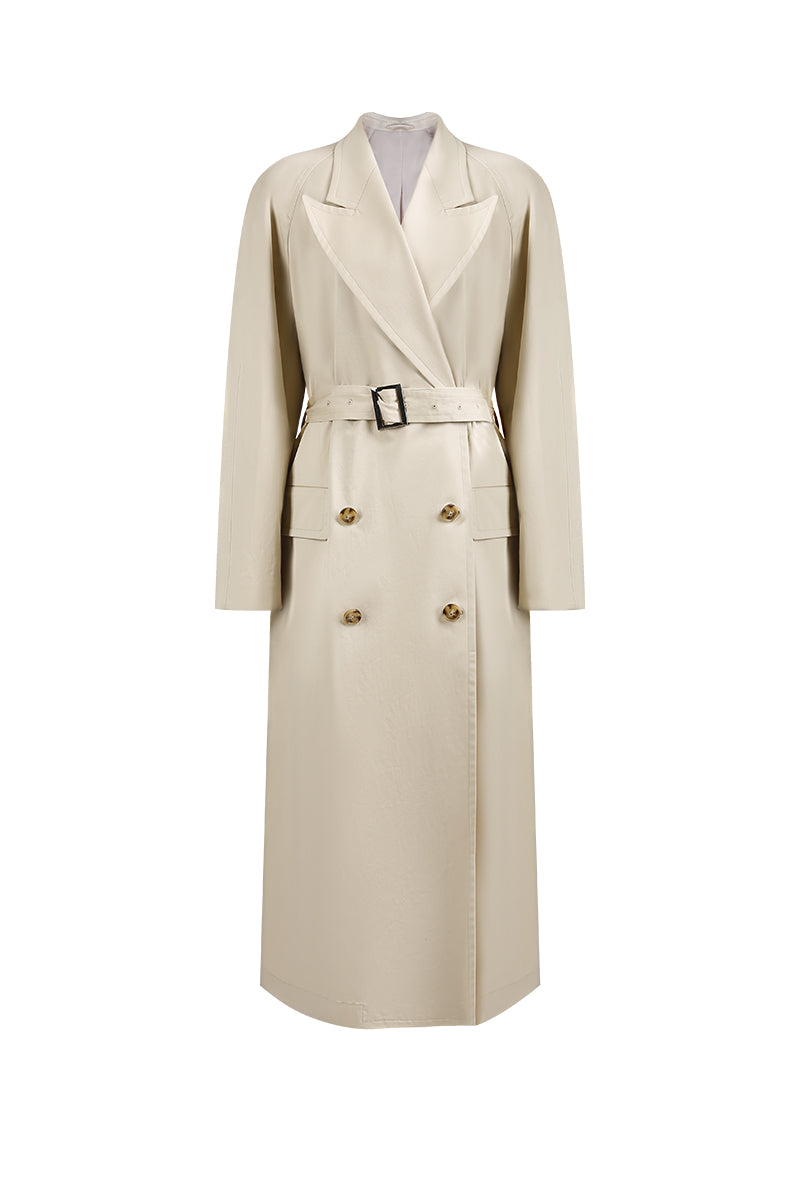Beige trench coat with gold buttons on a white background custom made suits for women