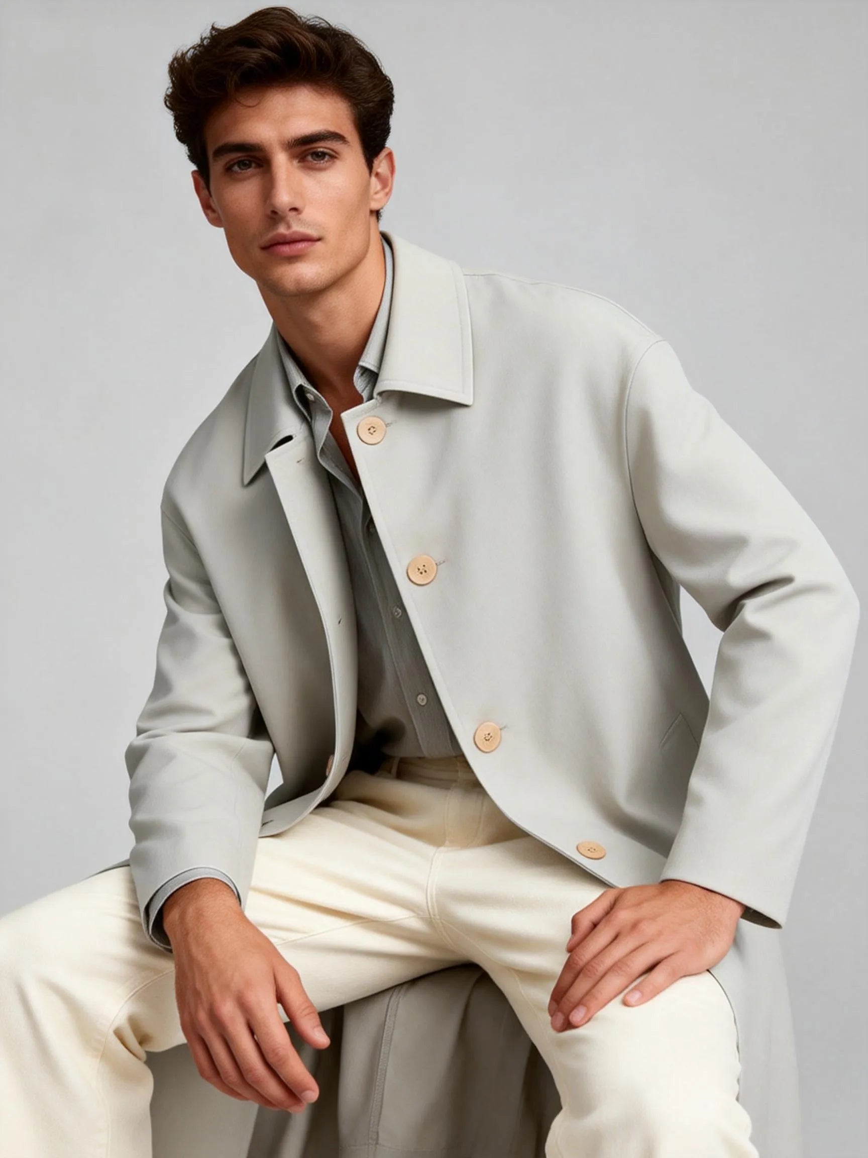 Man wearing a light gray jacket with beige buttons on a plain background