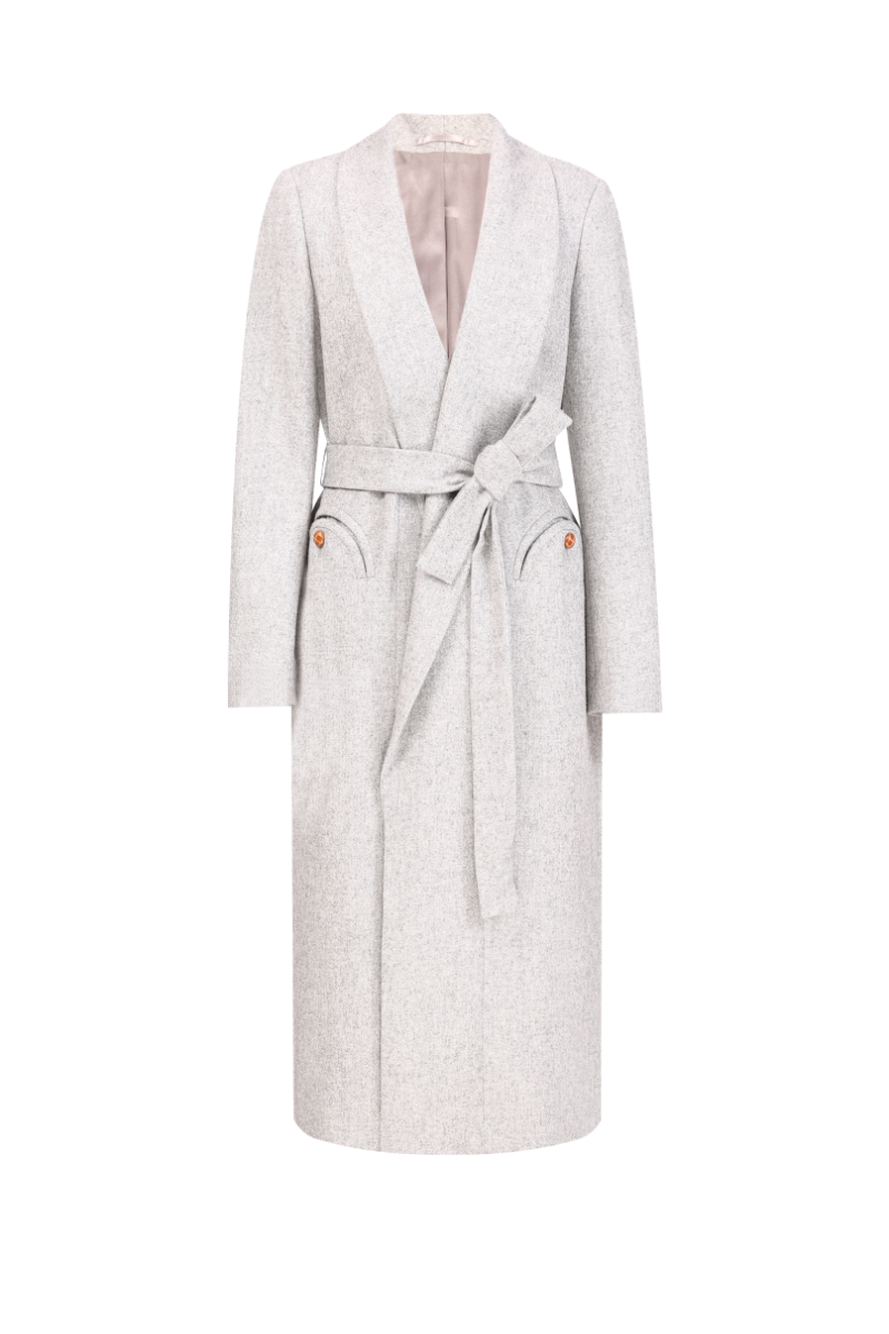 Light gray robe with button details on a white background