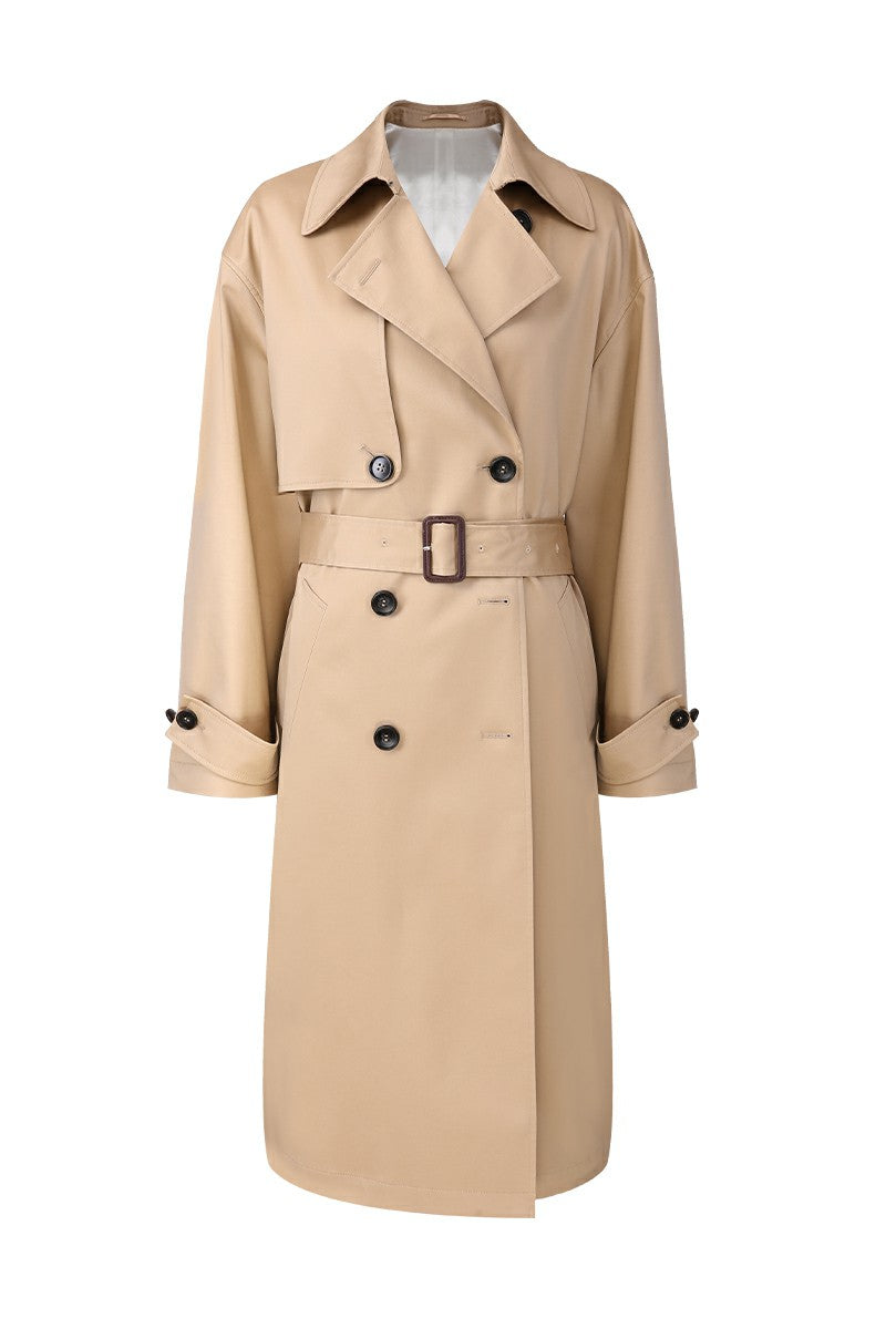 Beige trench coat with black buttons on a white background