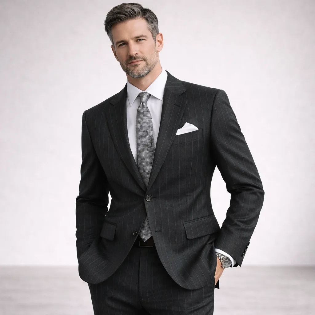Custom charcoal business suit fitted for an office team in Jacksonville